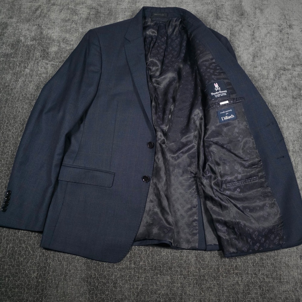 Psycho Bunny Mens Navy Wool Windowpane Blazer Sport Coat Made in Canada 40R
